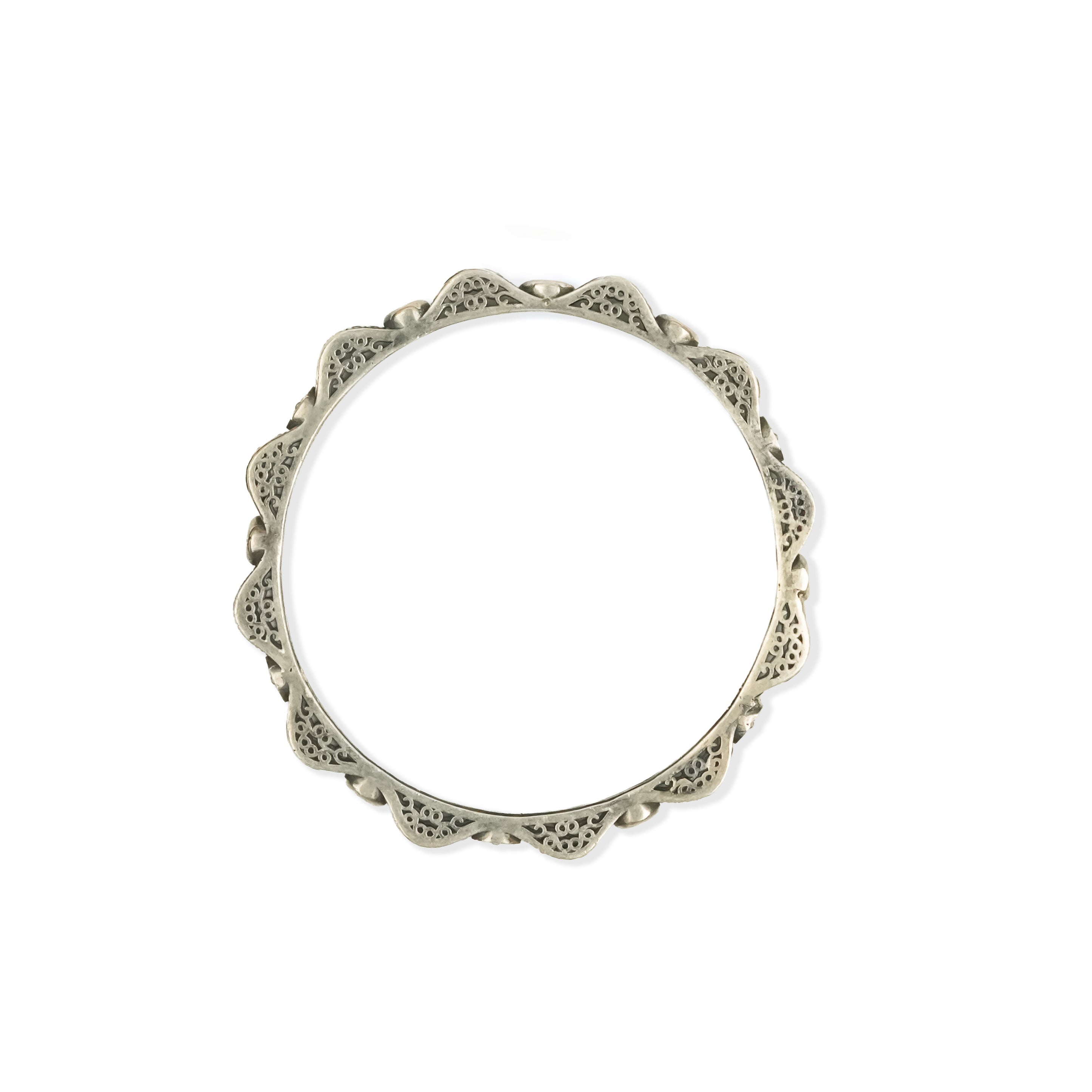 Oxidised Silver Filigree Bangle with Pink Stones