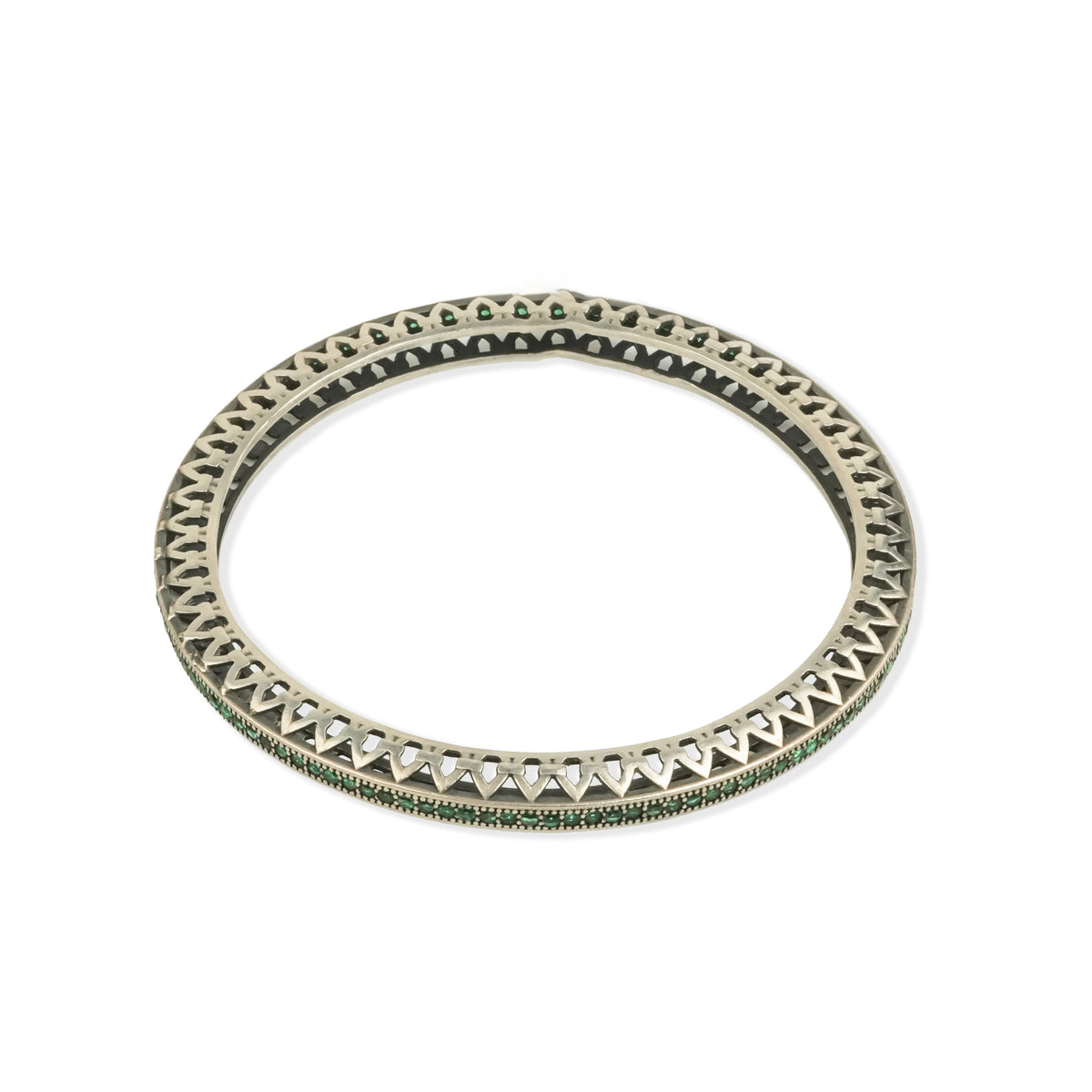 Oxidised Silver Filigree Bangle with Green Stones