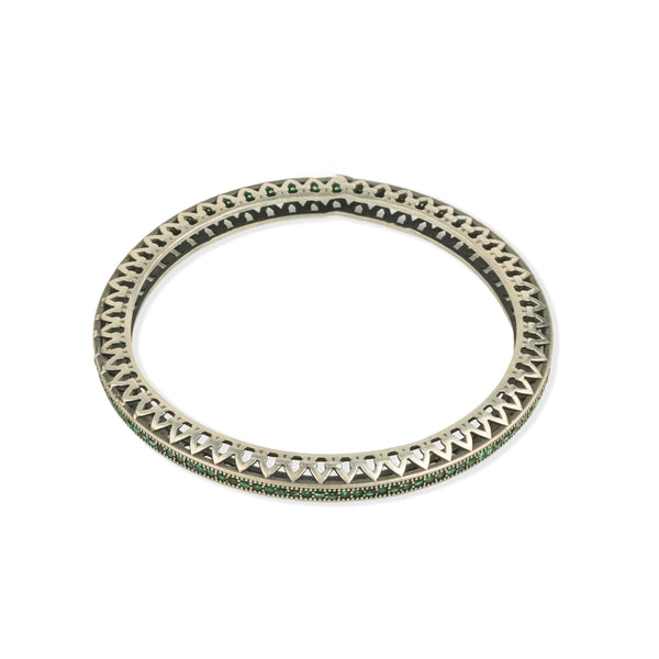 Oxidised Silver Filigree Bangle with Green Stones