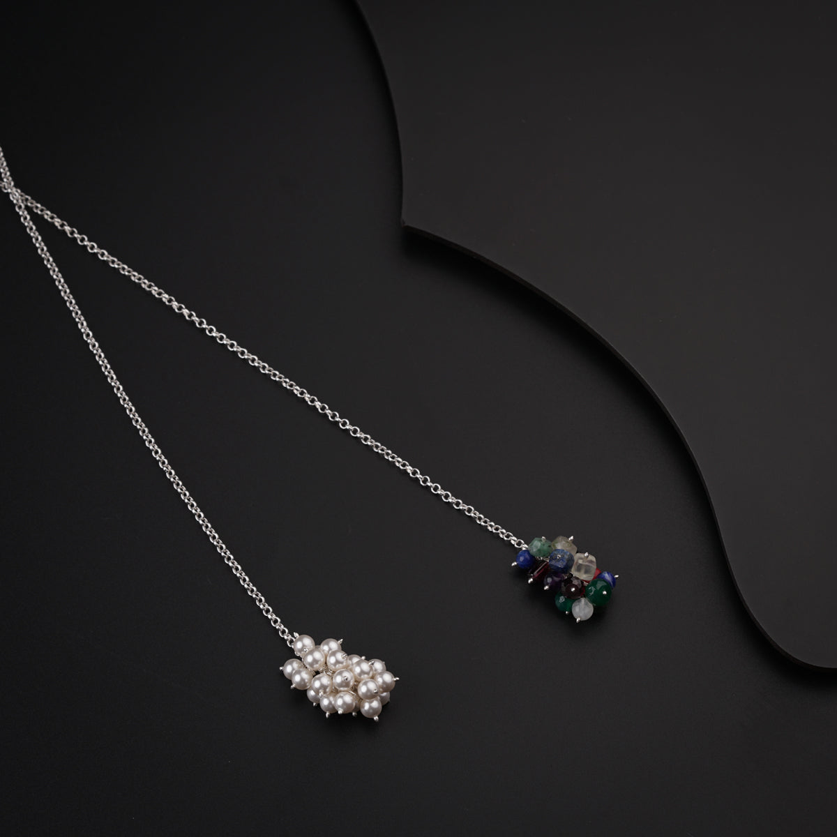 Silver Tie & Wear Necklace with Pearls & Semi Precious Stones