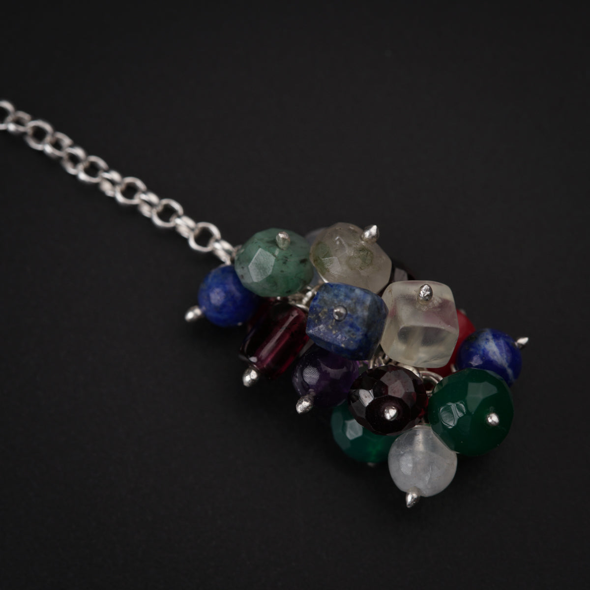 Silver Tie & Wear Necklace with Pearls & Semi Precious Stones