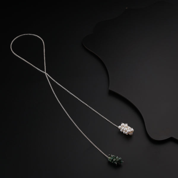 Silver Tie & Wear Necklace with Pearls & Green Rubys