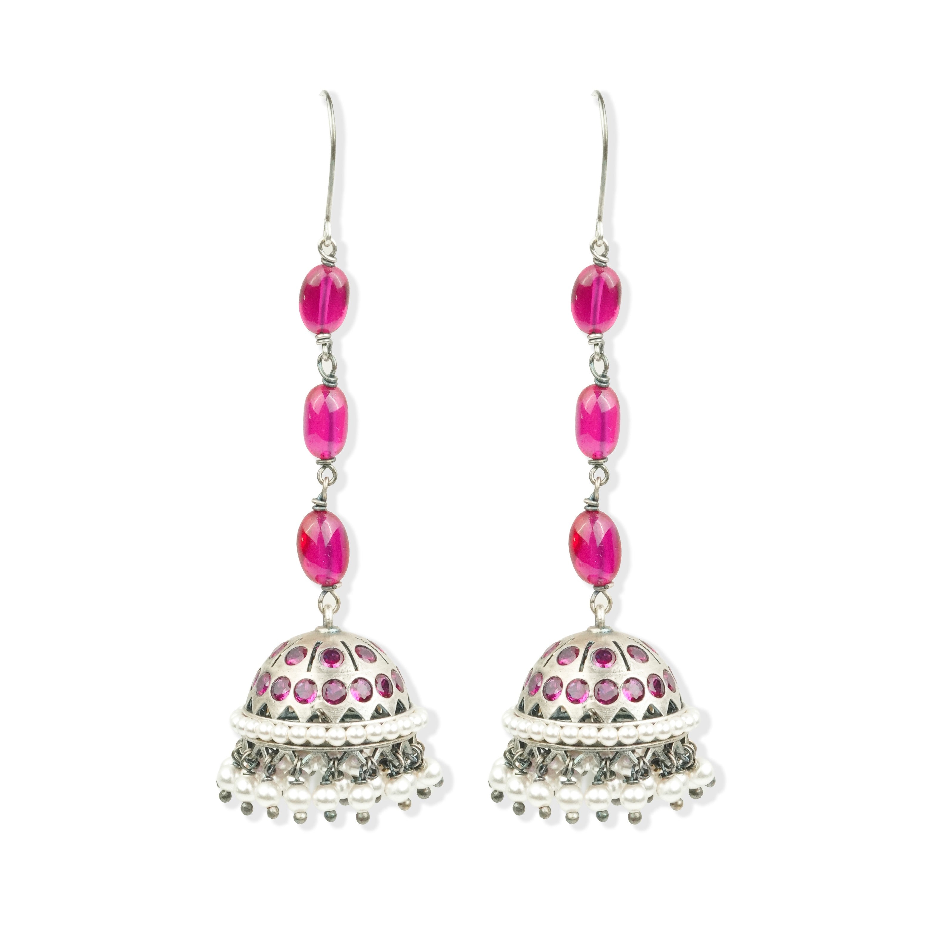 Oxidised Silver Jhumki with Ruby Beads