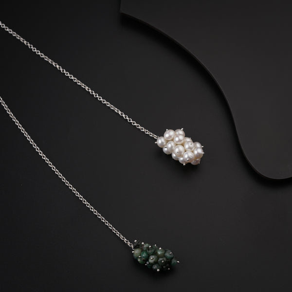 Silver Tie & Wear Necklace with Pearls & Green Rubys