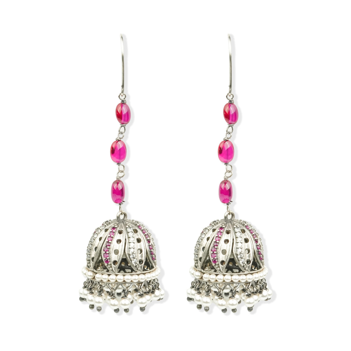 Oxidised Silver Petal Jhumki with CZ & Ruby Beads
