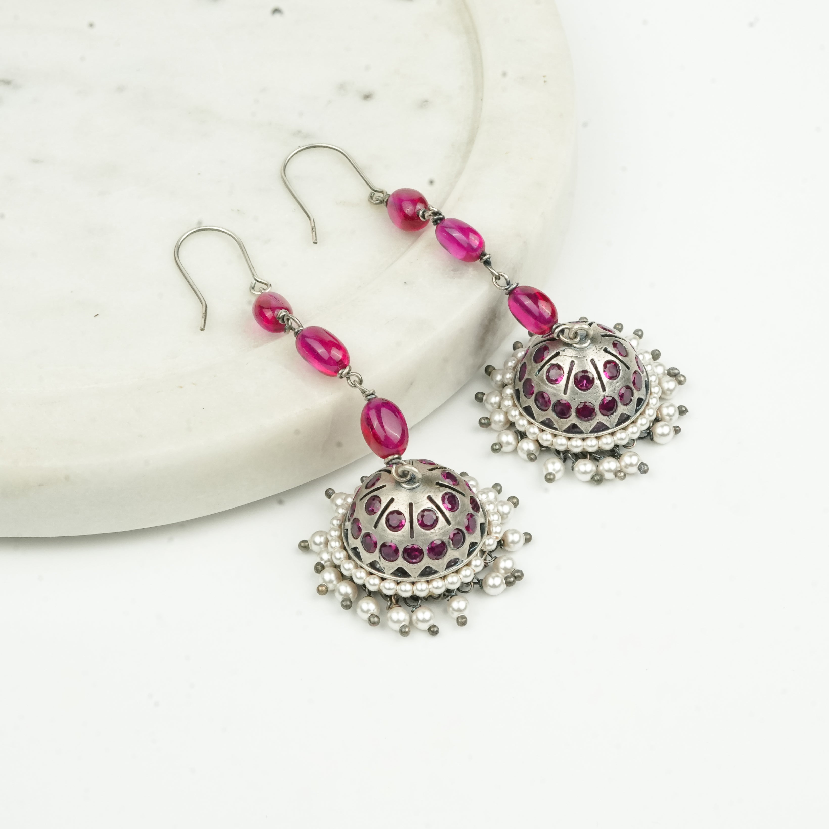 Oxidised Silver Jhumki with Ruby Beads