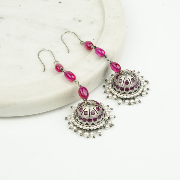 Oxidised Silver Jhumki with Ruby Beads