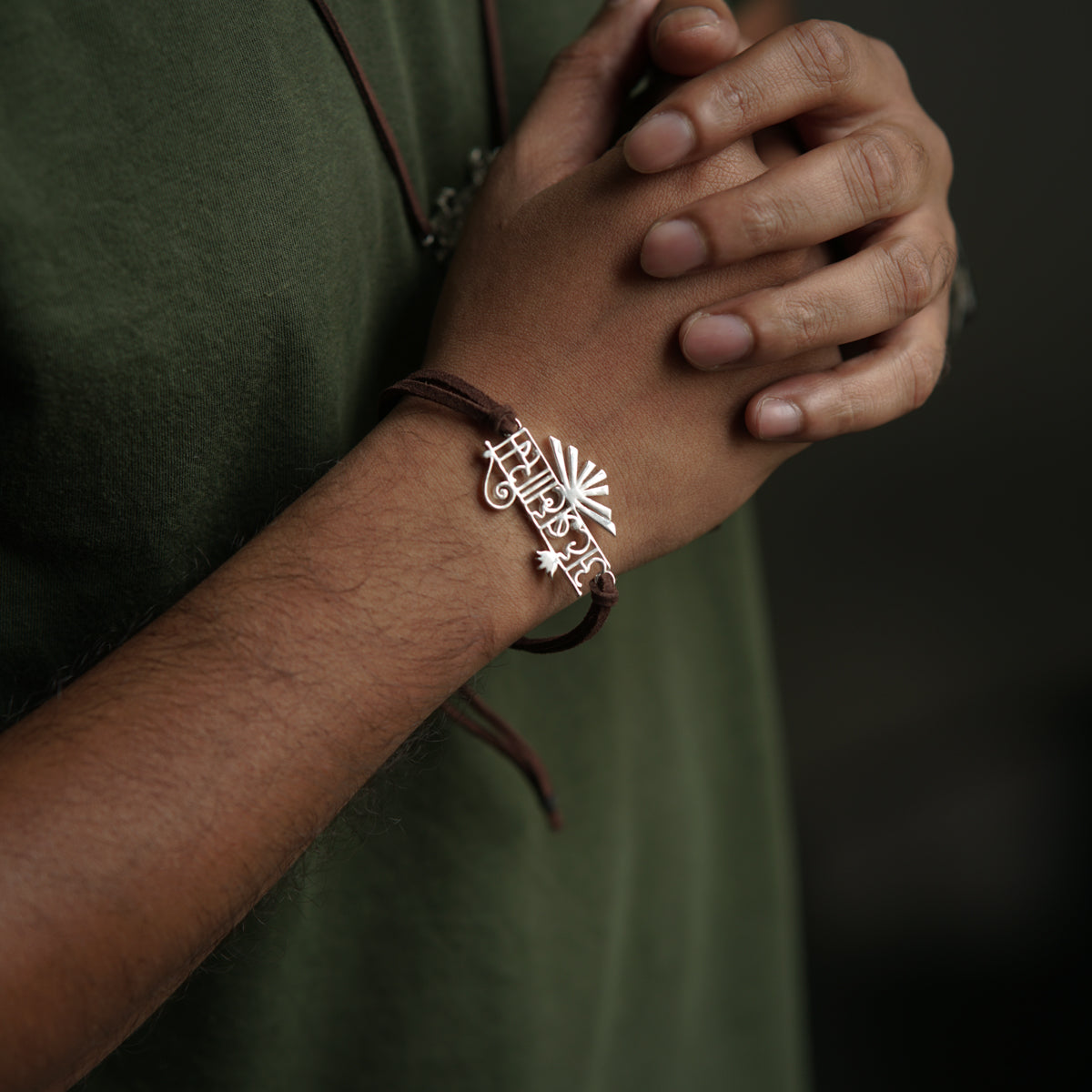 Ahambhramhasmi (अहंब्रह्मास्मि) Silver Bracelet with Suede Cord