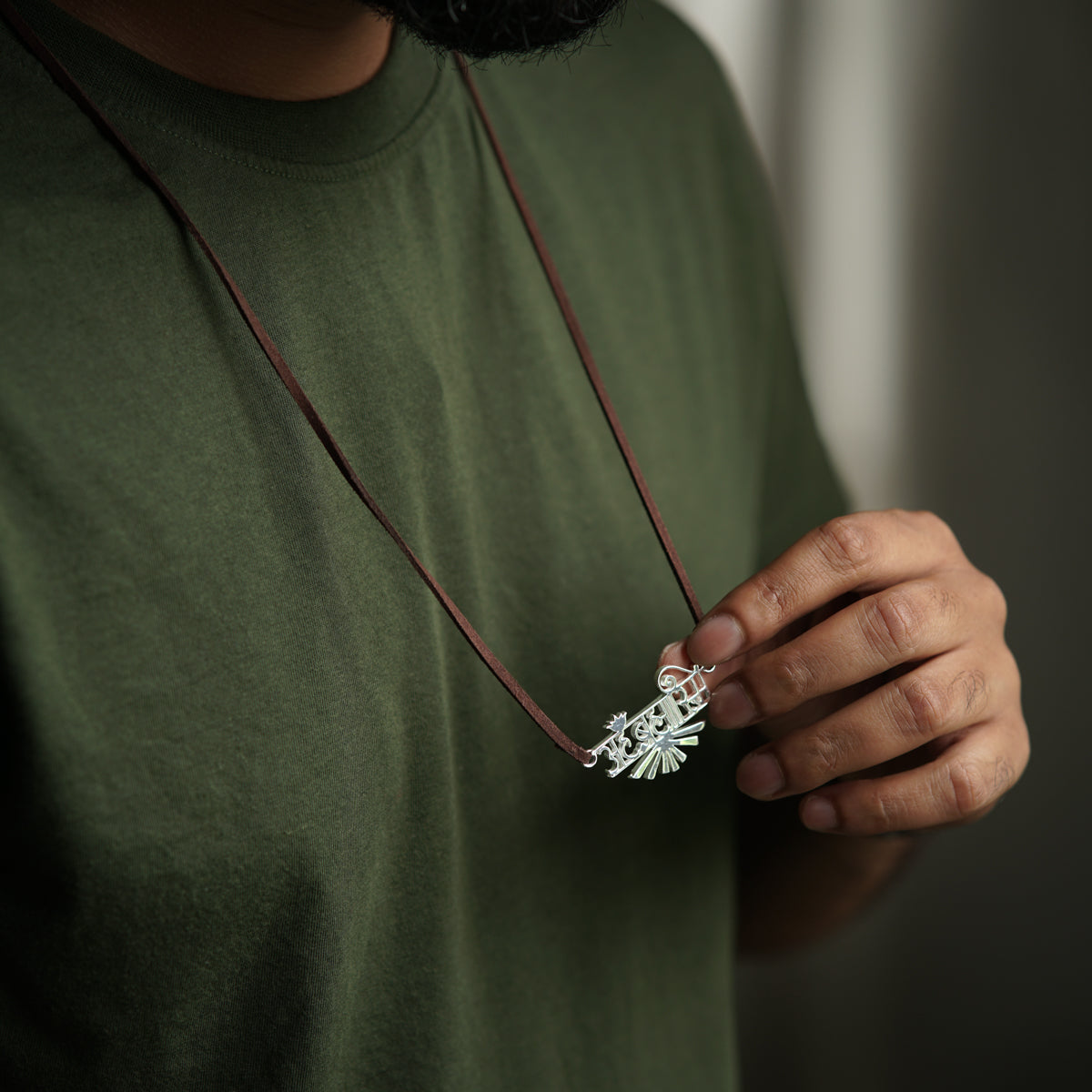 Ahambhramhasmi (अहंब्रह्मास्मि) Silver Necklace with Suede Cord