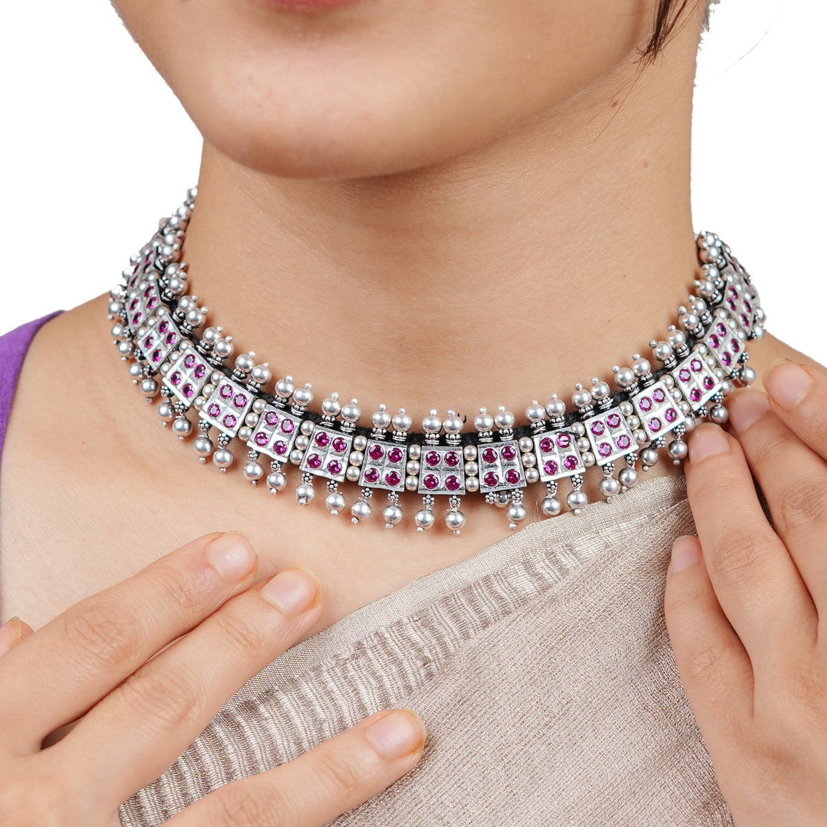 Oxidised Silver Laffa Choker with Pink Stones