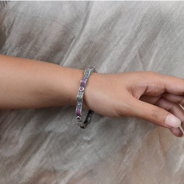 Oxidised Silver Filigree Bangle with Pink Stones