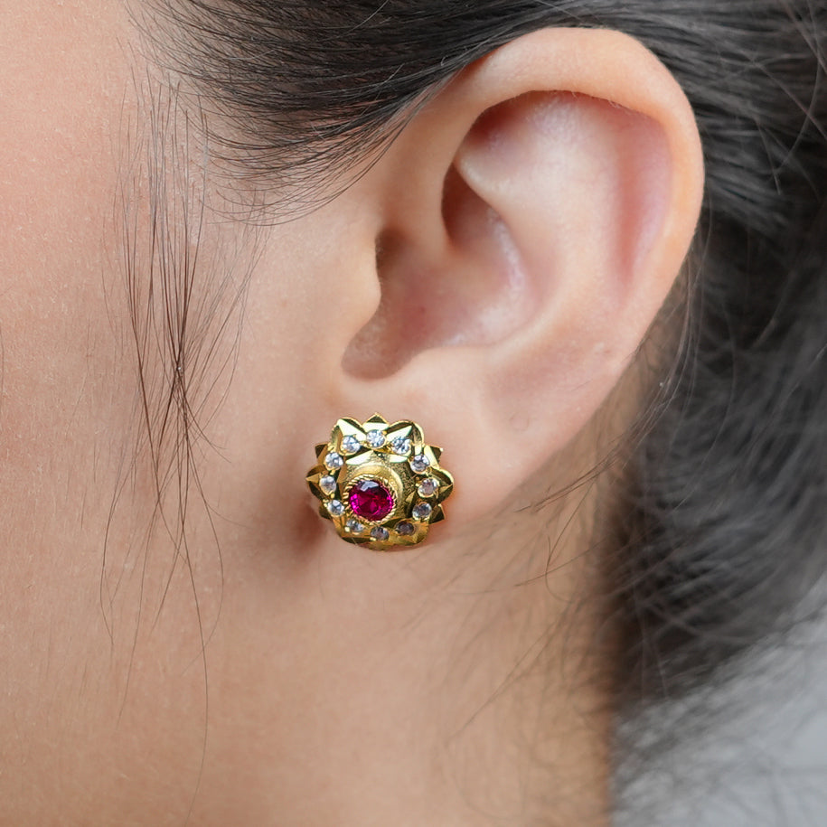Kudi Earrings with Pink Stone | 22K Gold-Plated