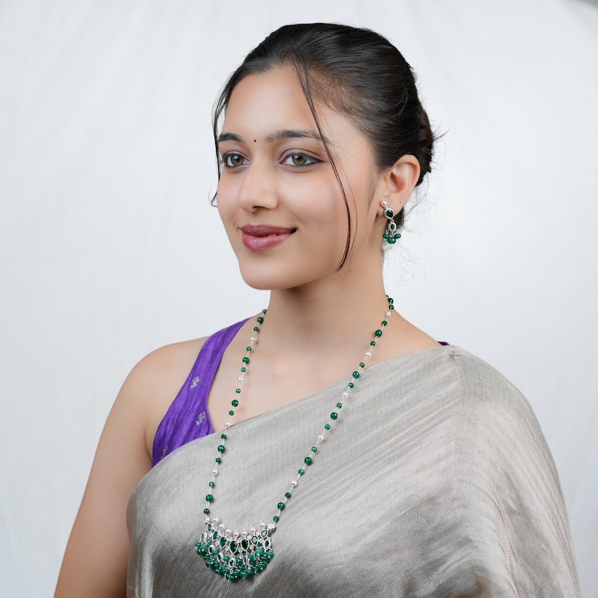 Silver CZ Tanmani Set with Green Onyx
