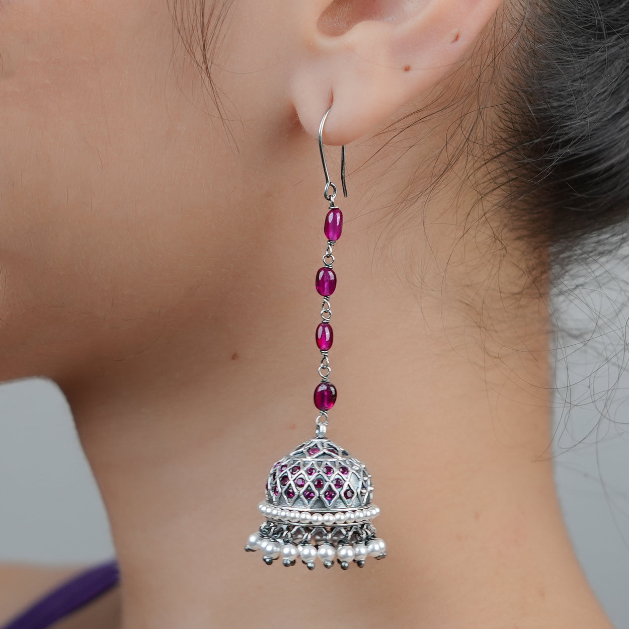 Oxidised Silver Filigree Jhumki with Ruby Beads