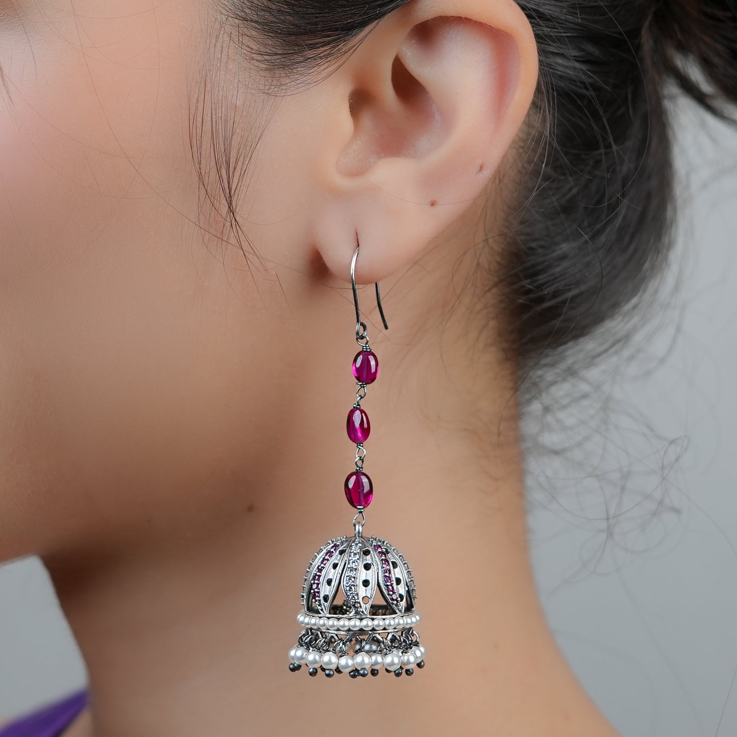 Oxidised Silver Petal Jhumki with CZ & Ruby Beads