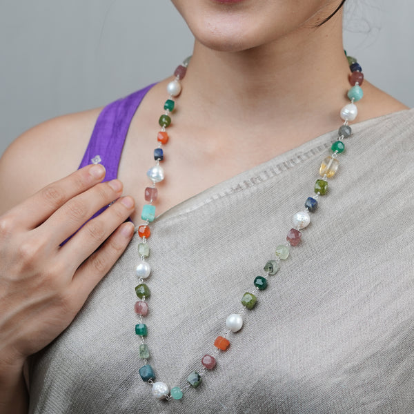 Multicolour Stone Ganthan Necklace with Baroque Pearls – 24 Inches