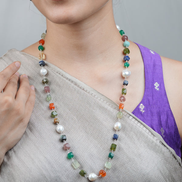 Multicolour Stone Ganthan Necklace with Baroque Pearls – 26 Inches