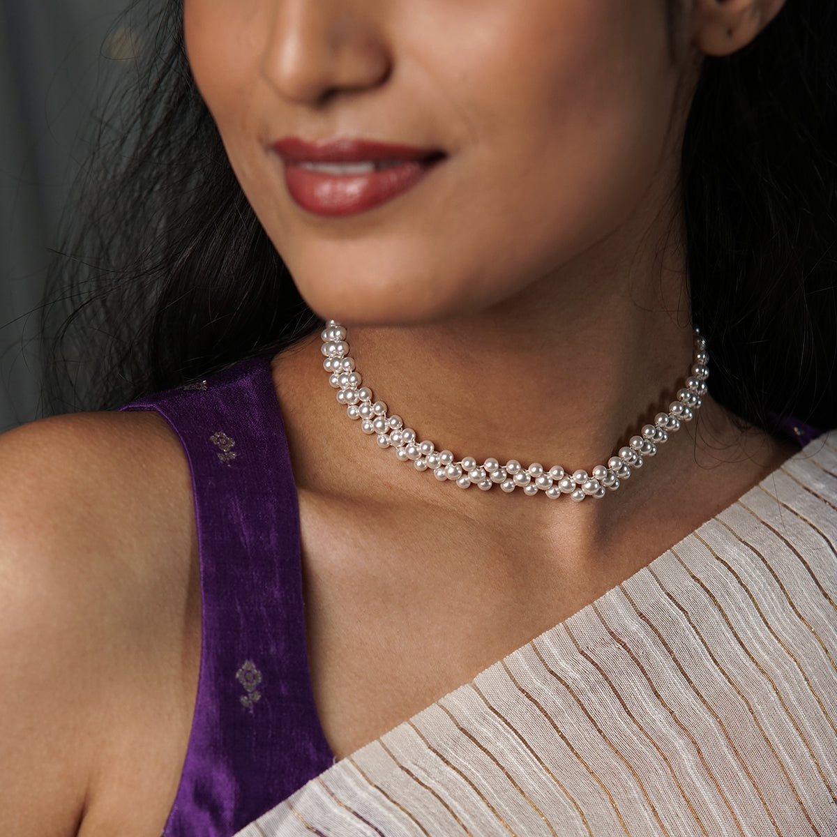 Silver Pearl Beaded Choker Necklace