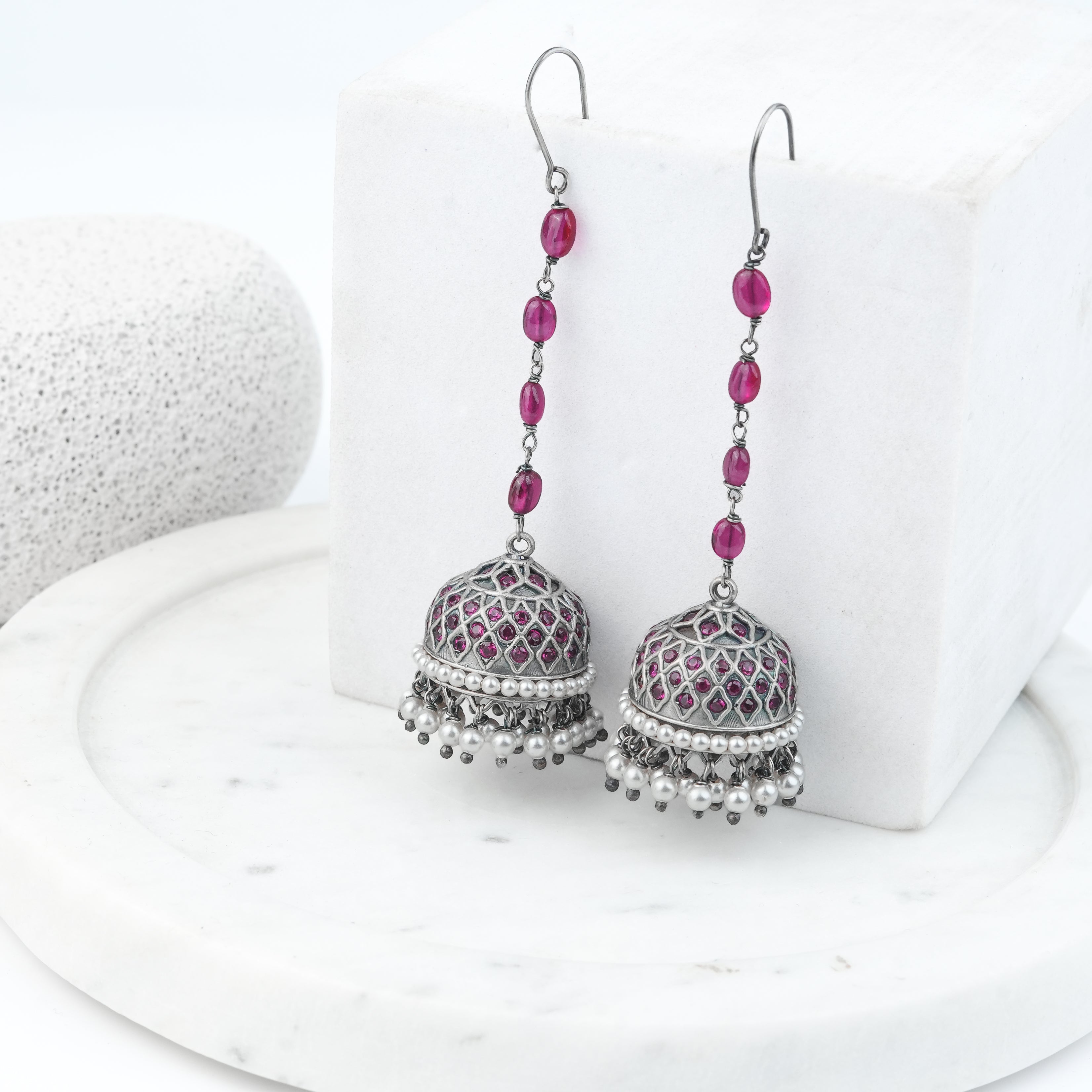 Oxidised Silver Filigree Jhumki with Ruby Beads