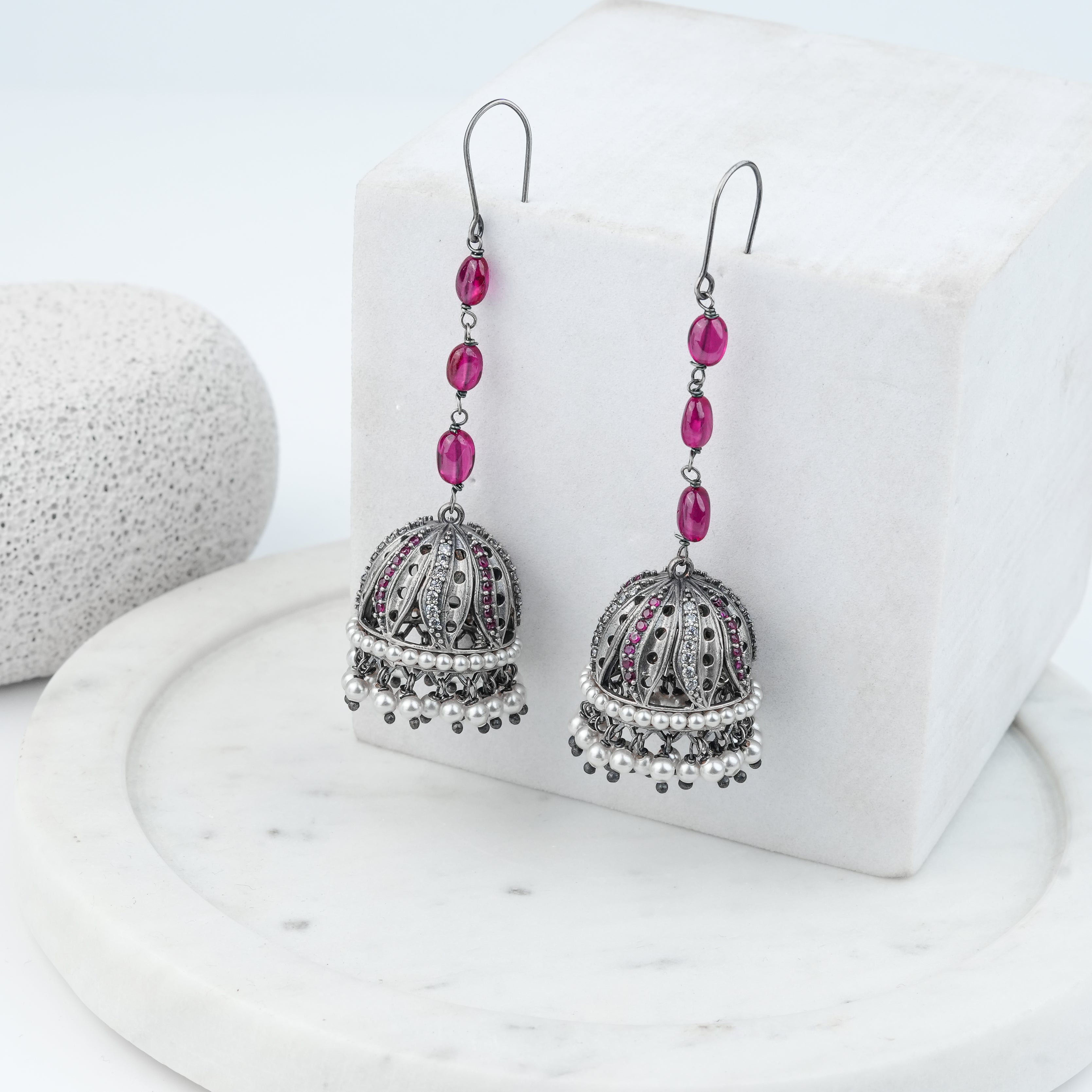 Oxidised Silver Petal Jhumki with CZ & Ruby Beads