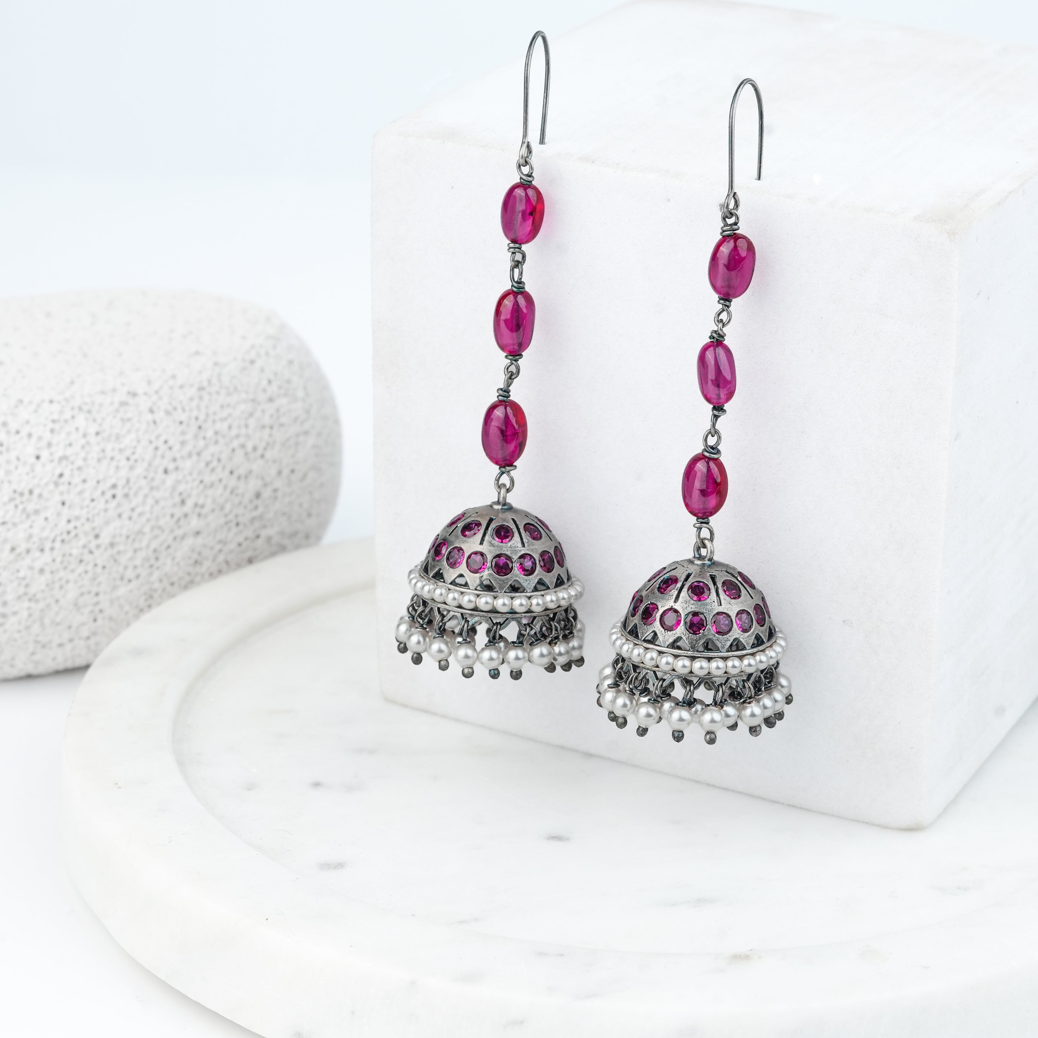 Oxidised Silver Jhumki with Ruby Beads