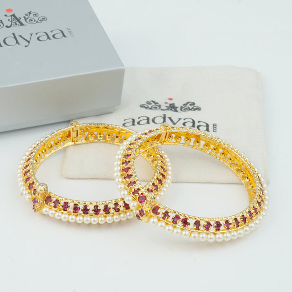 22K Gold Plated Fashion Pearl Tode with Pink Stones (Pair)