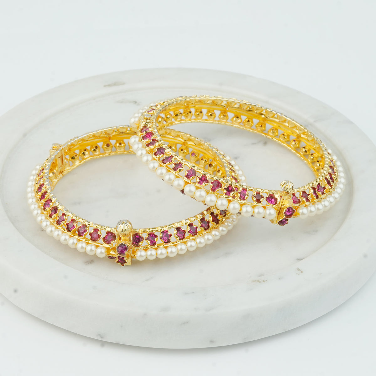22K Gold Plated Fashion Pearl Tode with Pink Stones (Pair)