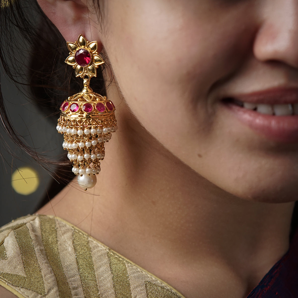 Silver Jhumki with Pearl Gold Plated