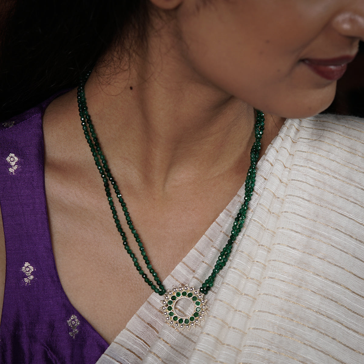 Silver Shiny Karwar Pendant Necklace with Green Onyx