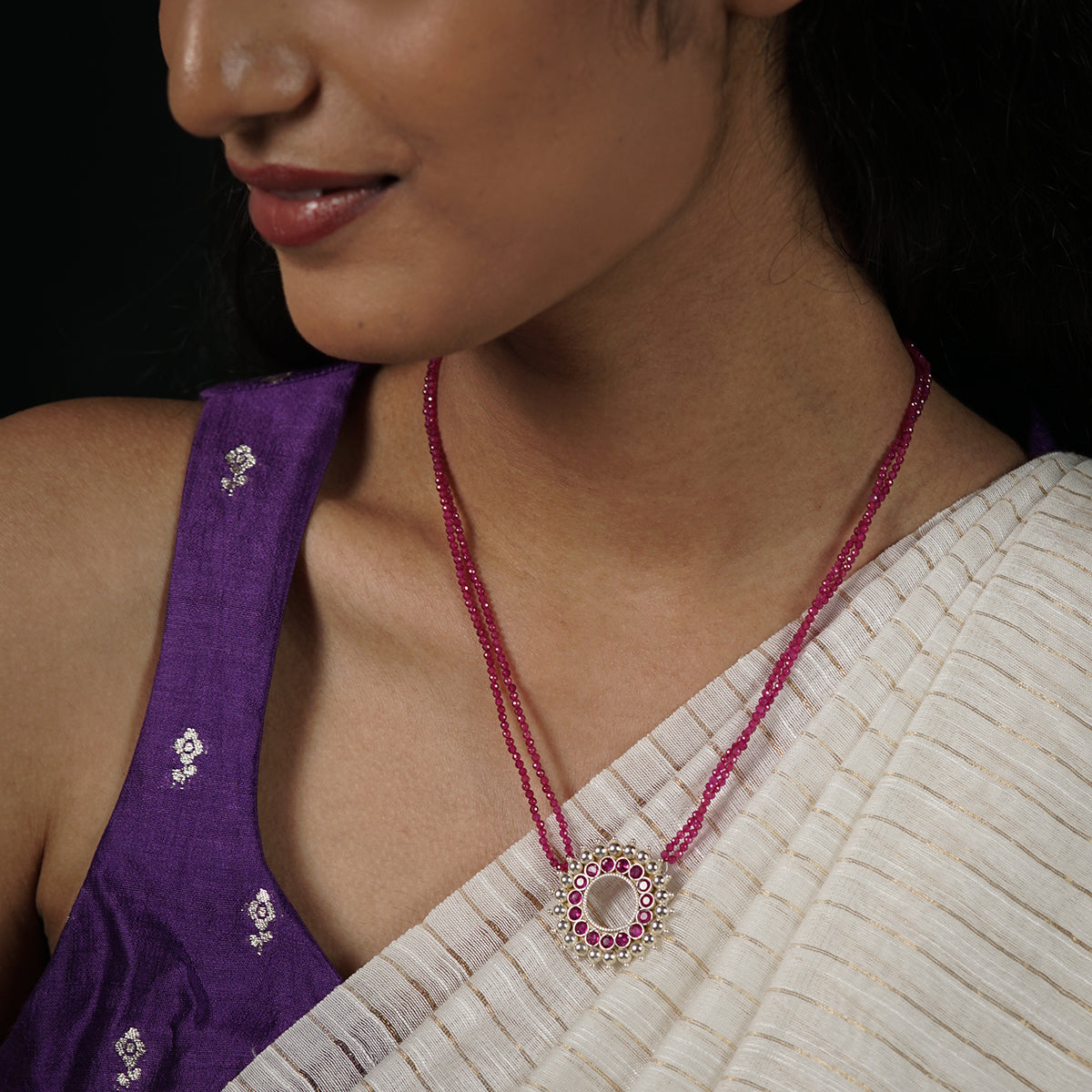 Silver Shiny Karwar Pendant Necklace with Ruby