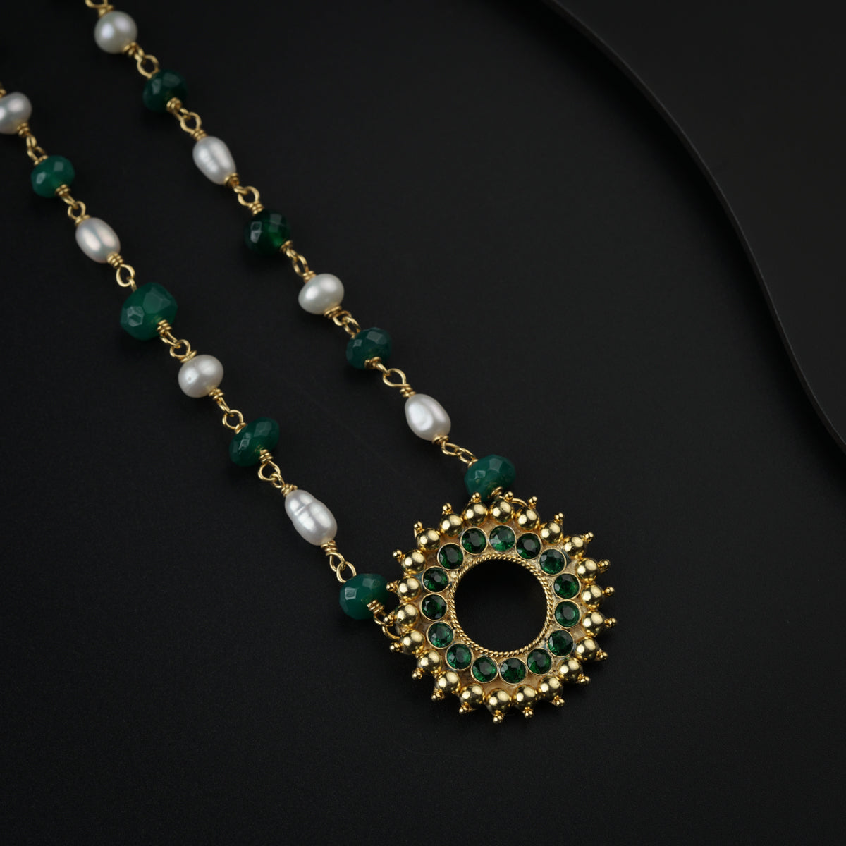 Gold Plated Karwar Necklace with Green Onyx and Pearls