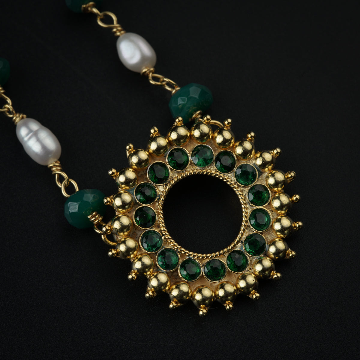 Gold Plated Karwar Necklace with Green Onyx and Pearls