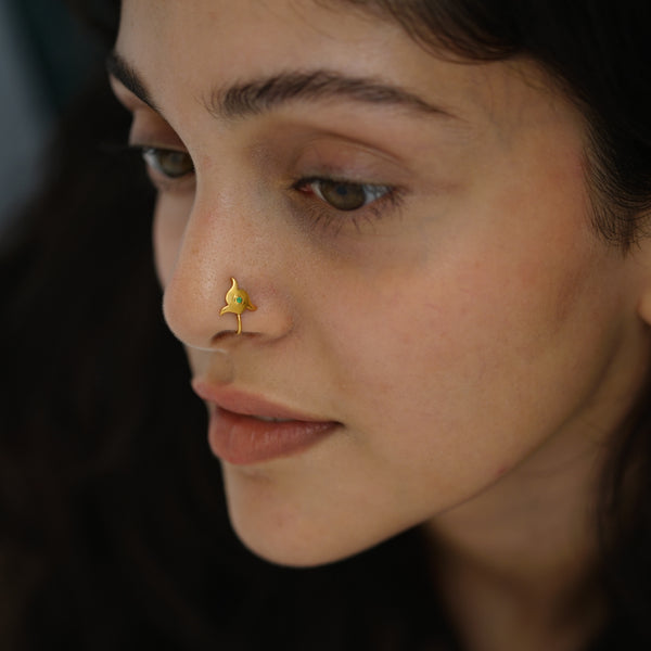 a close up of a person with a nose piercing
