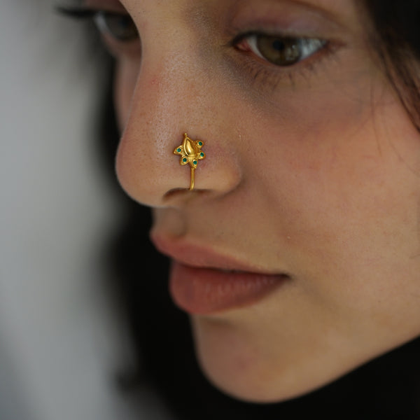 a close up of a person with a nose piercing