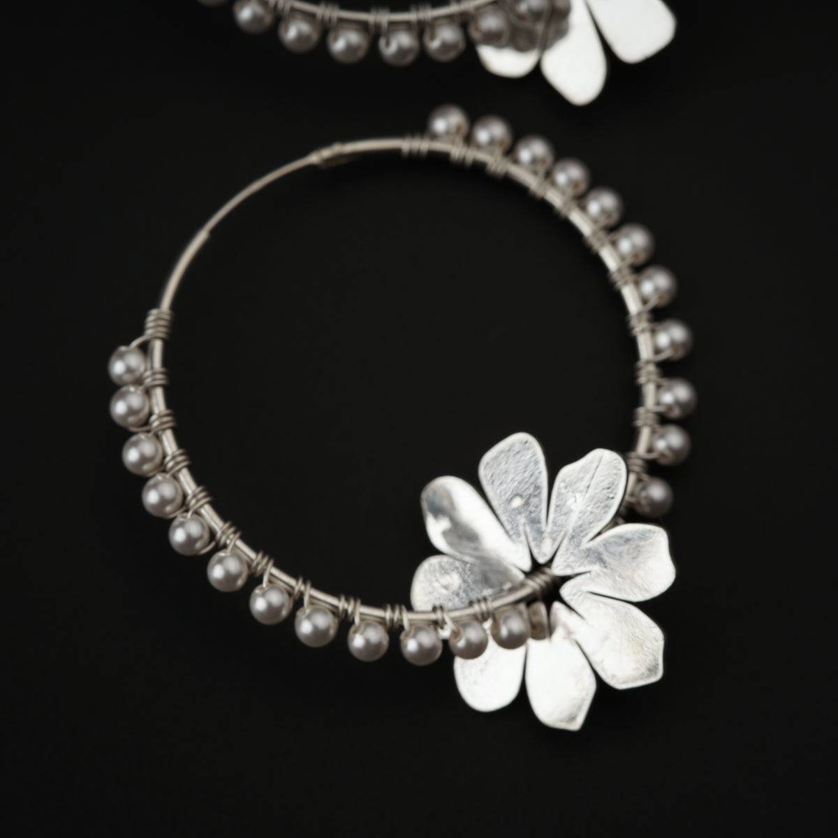 Silver Wildflower Hoops with Pearls