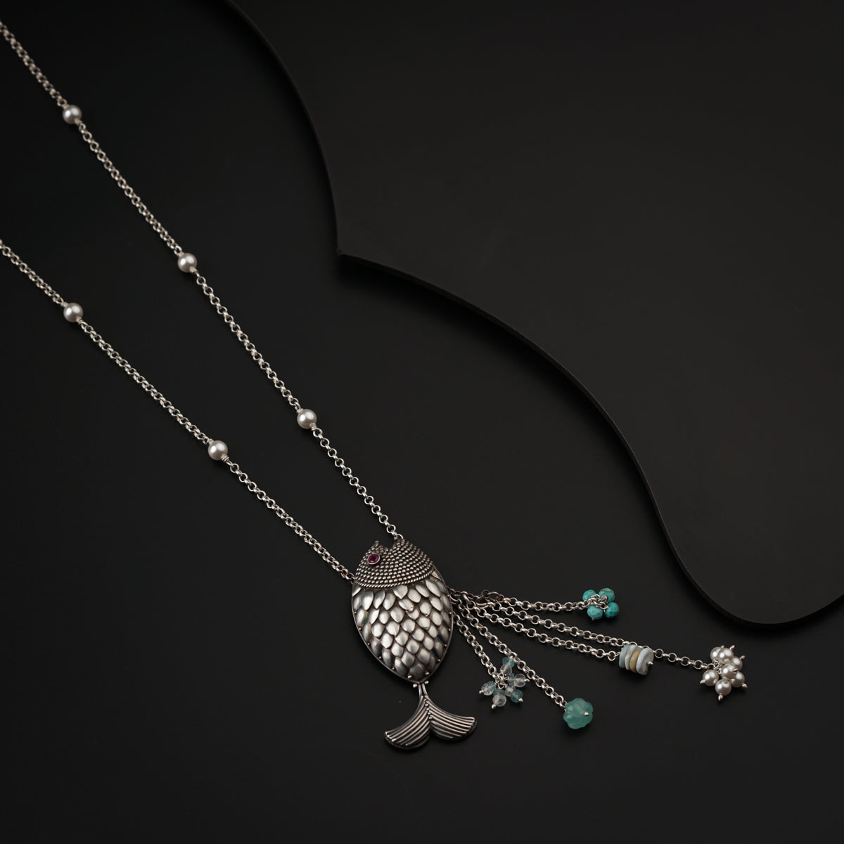 Silver Necklace with Fish Pendant and Semi Precious Stones