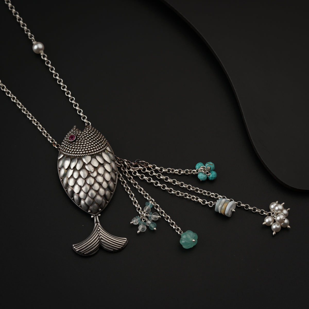 Silver Necklace with Fish Pendant and Semi Precious Stones