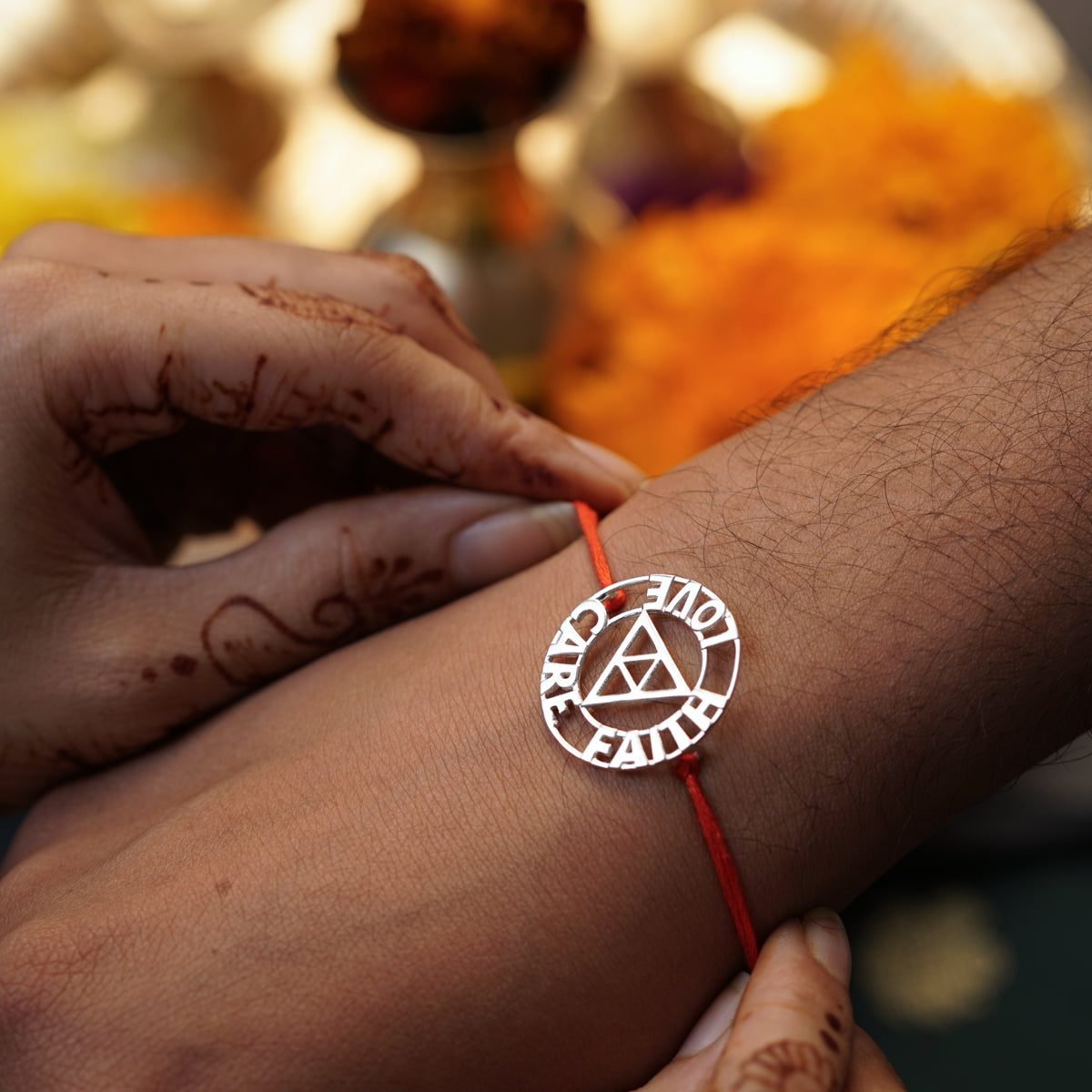 Handcrafted Silver Rakhi/Pendant: Love|Care|Faith