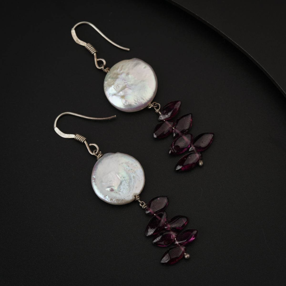 Pearl Coin with Garnet Silver Earring