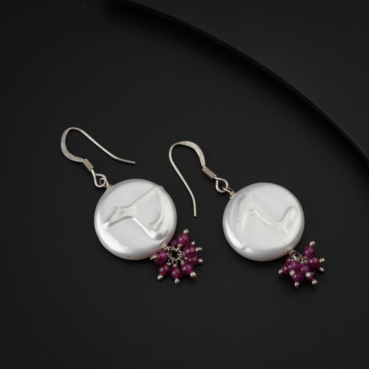 Pearl Coin with Ruby Silver Earring