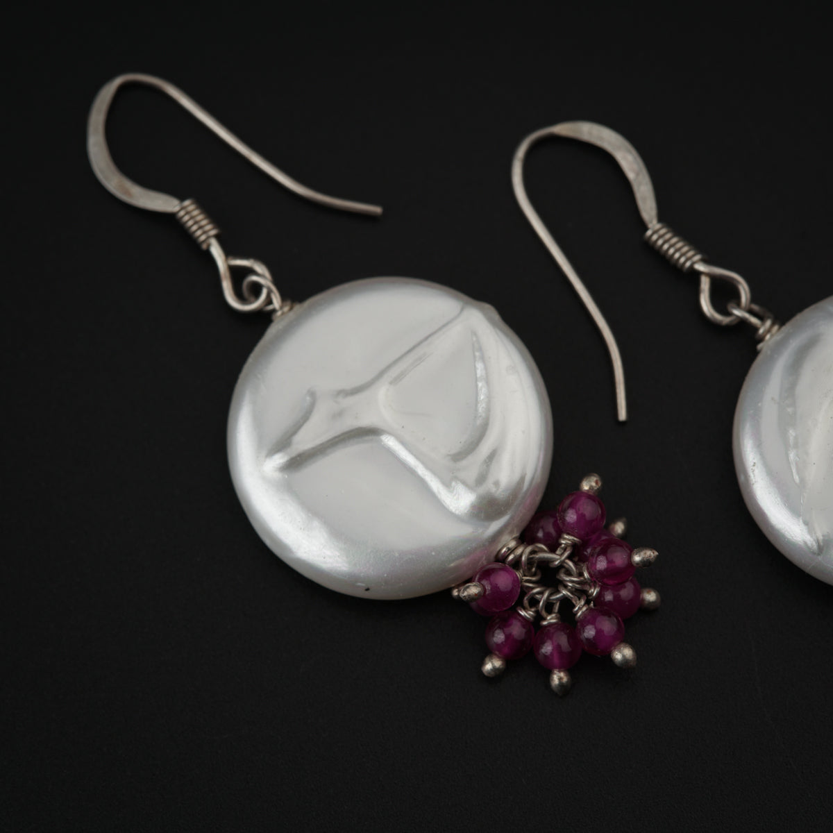 Pearl Coin with Ruby Silver Earring