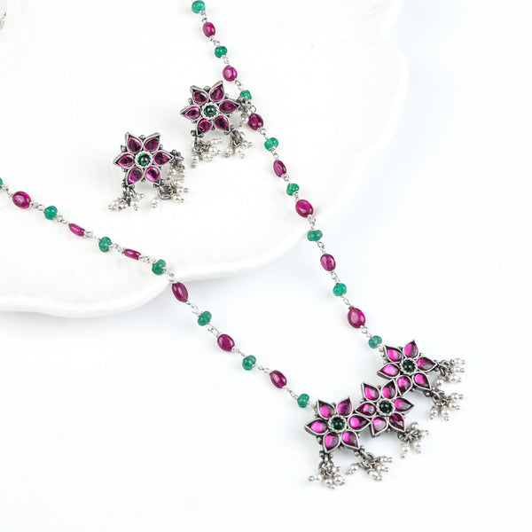 Silver Bageecha Flower Set with Rubies & Green Onyx