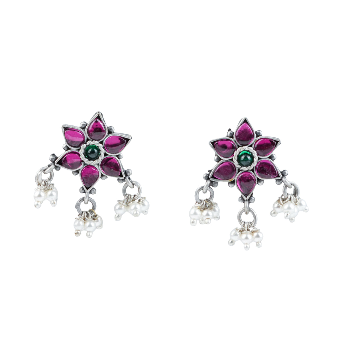 Silver Bageecha Flower Set with Rubies & Green Onyx
