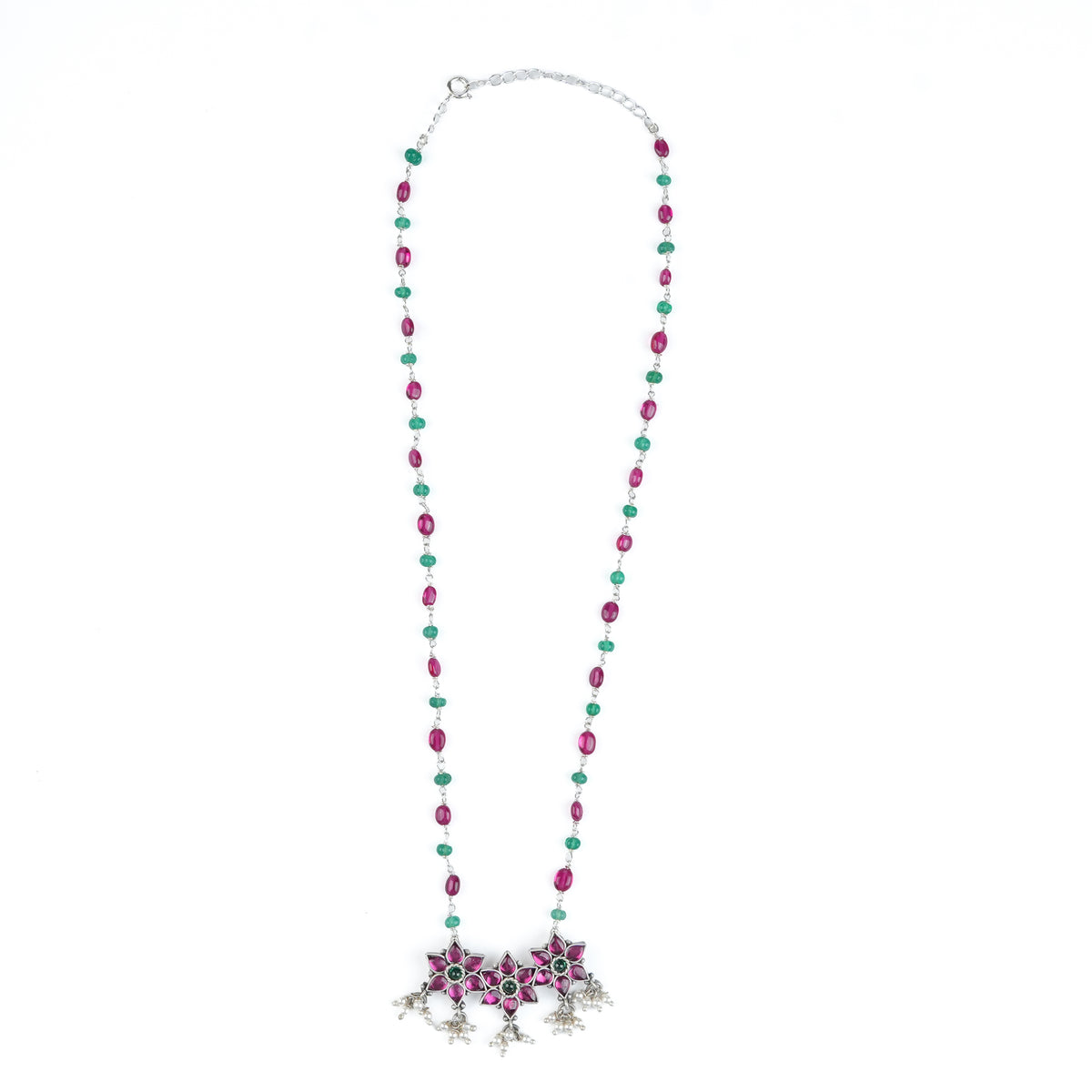 Silver Bageecha Flower Set with Rubies & Green Onyx