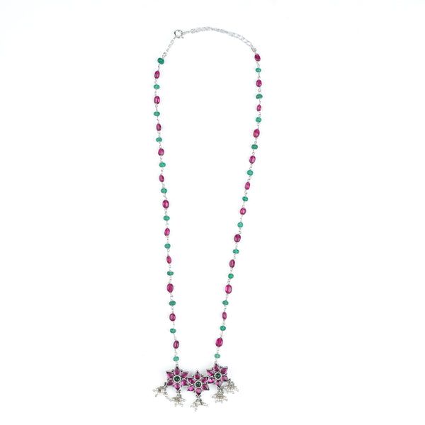 Silver Bageecha Flower Set with Rubies & Green Onyx