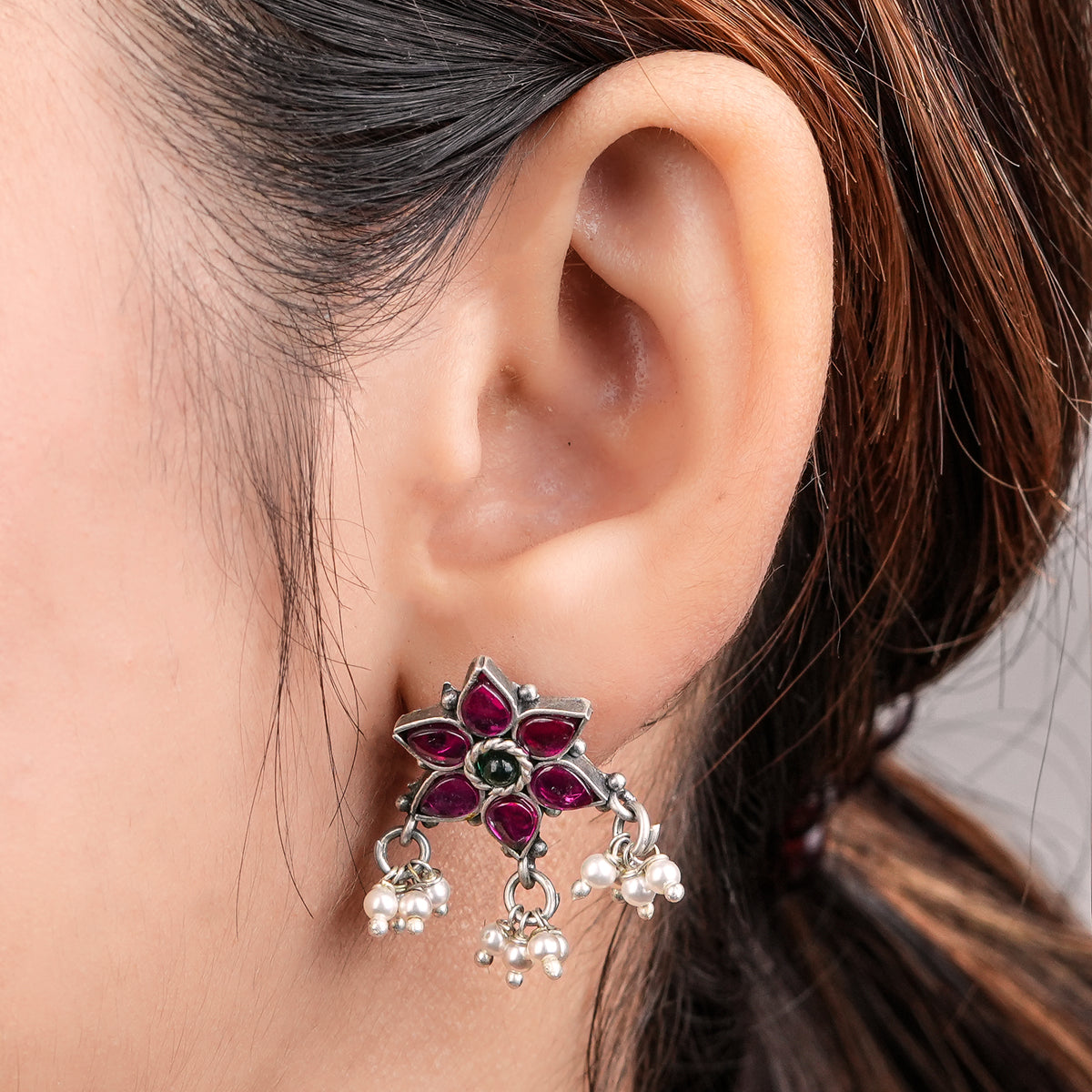 Silver Bageecha Flower Set with Rubies & Green Onyx