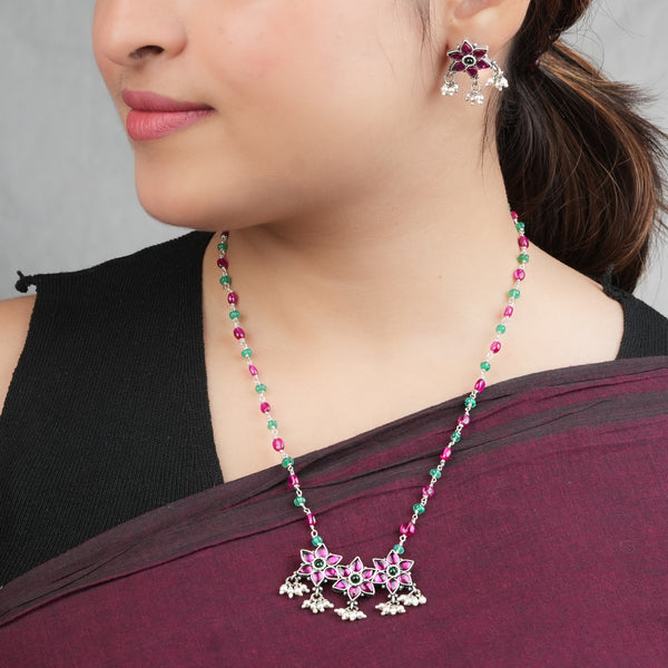 Silver Bageecha Flower Set with Rubies & Green Onyx