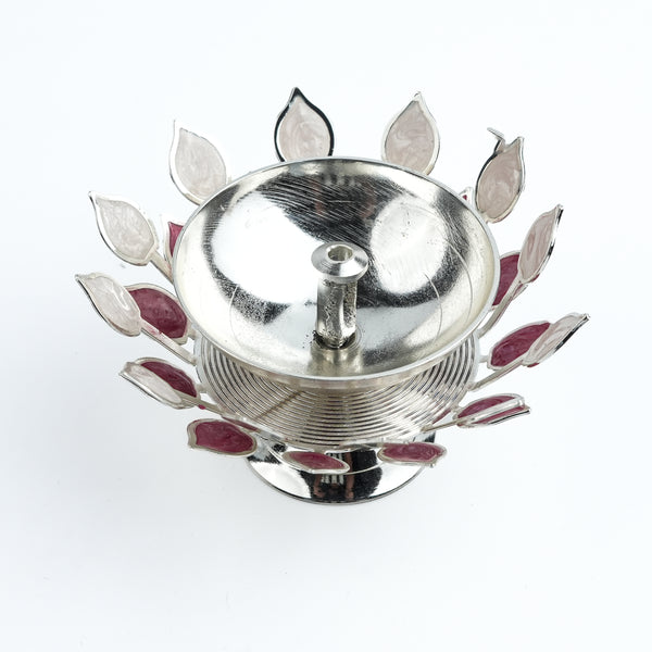 Silver Plated Diya with Pink & Beige Enamel