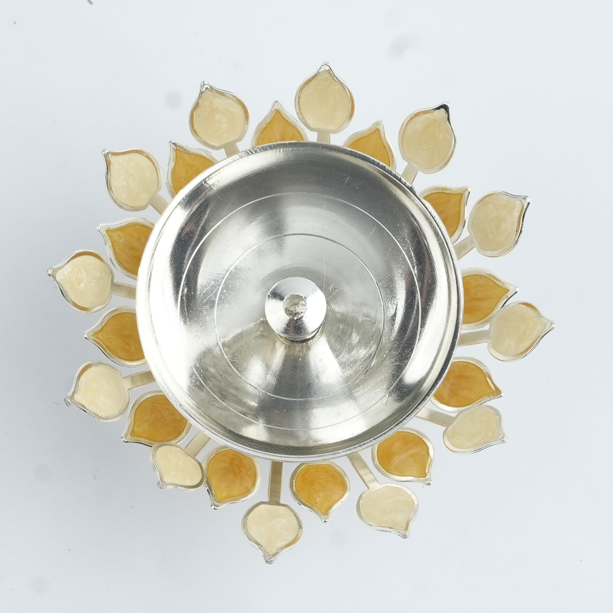 Silver Plated Diya with Yellow & Beige Enamel