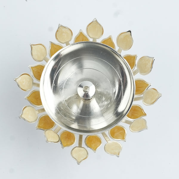Silver Plated Diya with Yellow & Beige Enamel